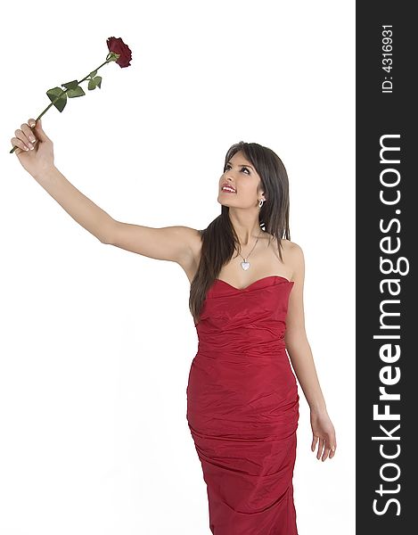 Pretty girl with red rose in her hand. Pretty girl with red rose in her hand