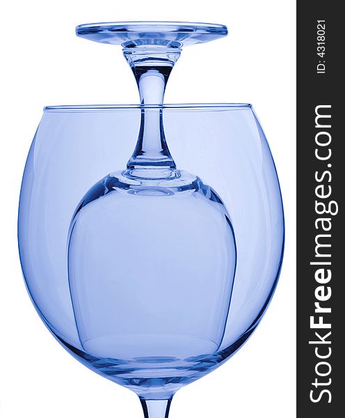 Two blue glasses, wine-glas and wet, isolated white background. Two blue glasses, wine-glas and wet, isolated white background