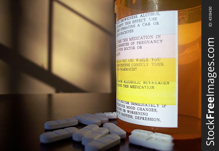 Pills and pill container with a plethora of warning labels