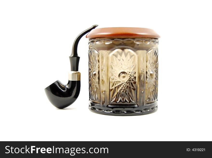 Fancy pipe and glass tobacco jar. Fancy pipe and glass tobacco jar