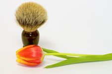 Shaving Brush And Spring Tulip Stock Photos