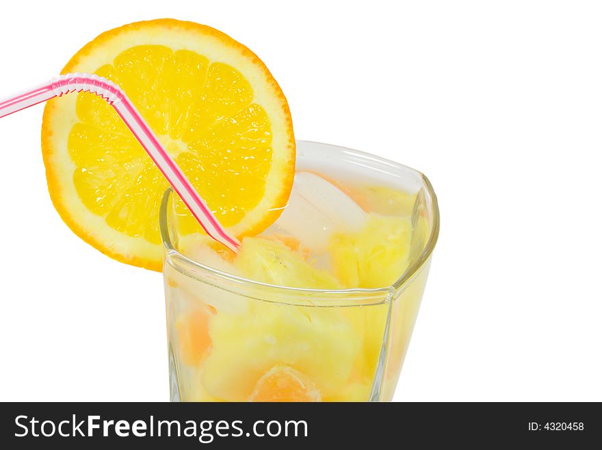 Close-up glass with straw and fruits cocktail, isolated on white