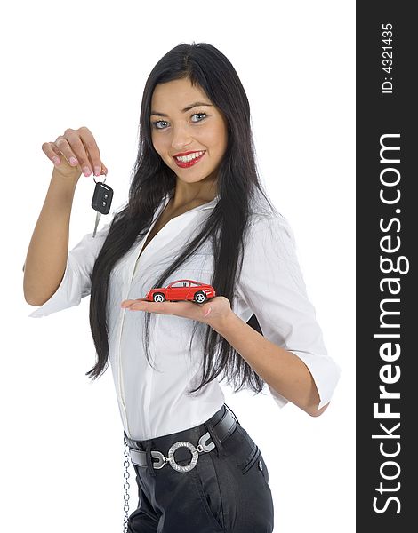 Business woman advertises selling the cars on white background