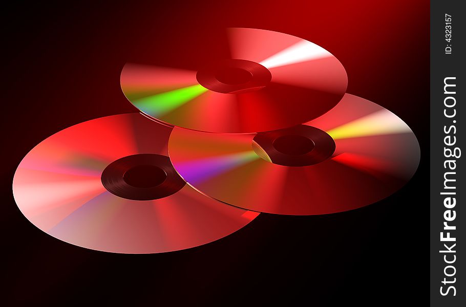 A 3d image of Three red digital discs. A 3d image of Three red digital discs