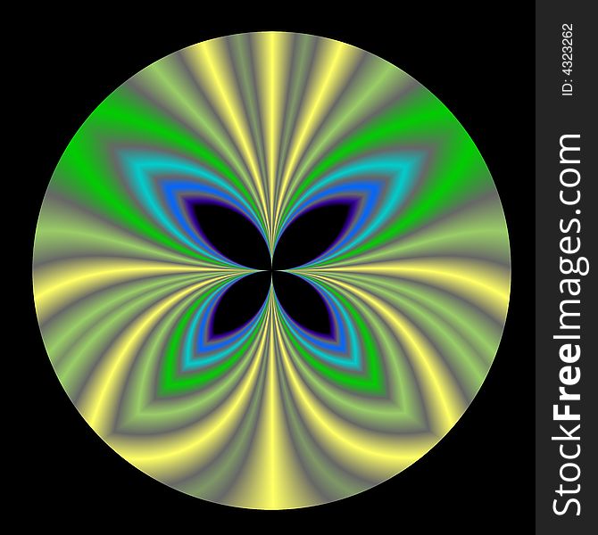 A circular fractal done in shades of yellow, green, and blue with a center that looks like an abstract of a butterfly. A circular fractal done in shades of yellow, green, and blue with a center that looks like an abstract of a butterfly.