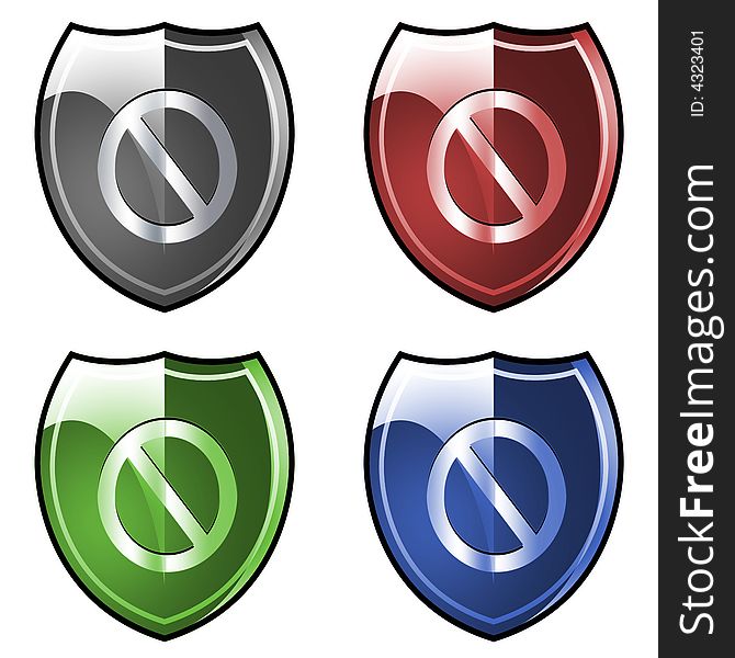 Colored shields with forbidden or not allowed symbol. Colored shields with forbidden or not allowed symbol.