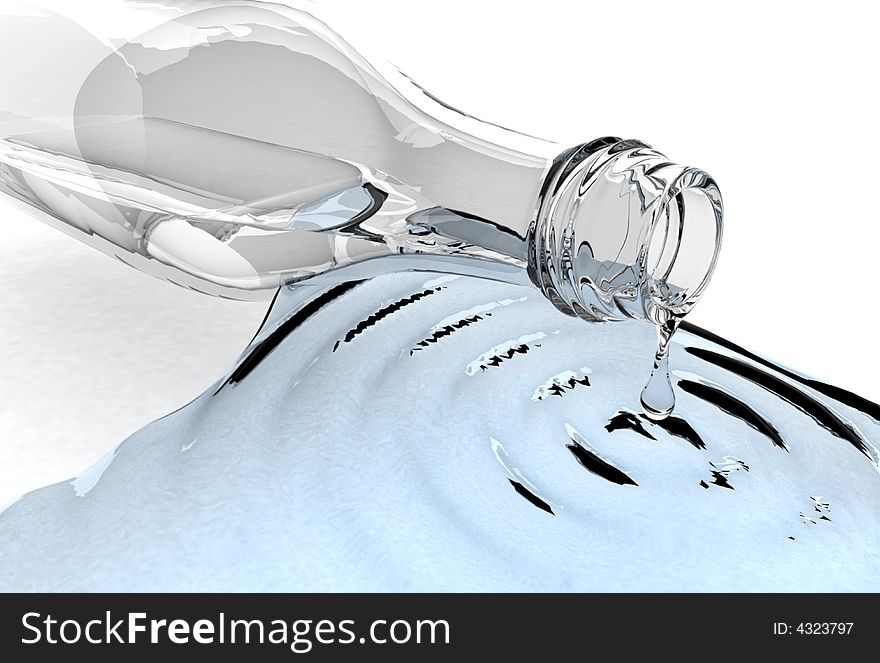 3d generated depiction of water spiling from a bottle. 3d generated depiction of water spiling from a bottle