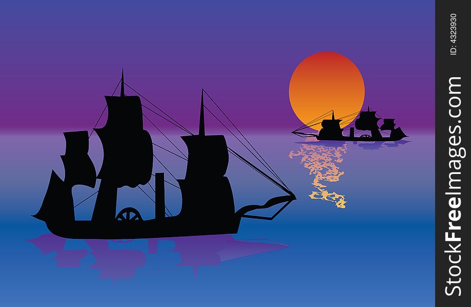 Silhouette of sailboat front of moon