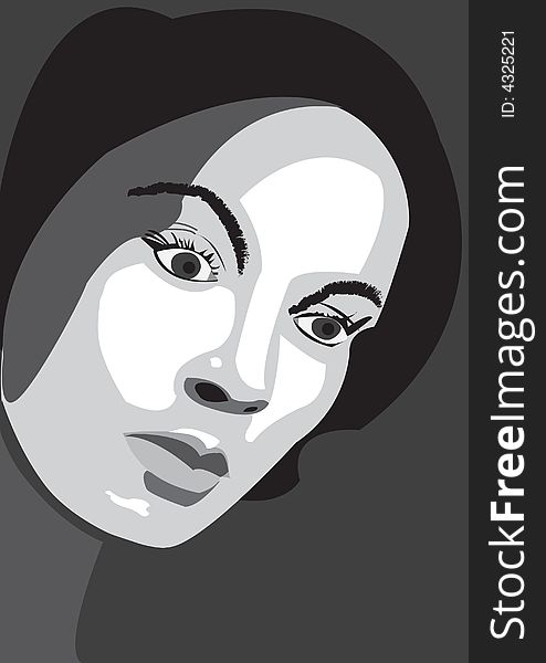 Illustration of a young women face in black background. Illustration of a young women face in black background