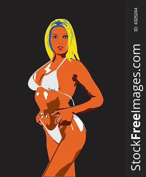 Illustration of a girl in bikini, on black background. Illustration of a girl in bikini, on black background