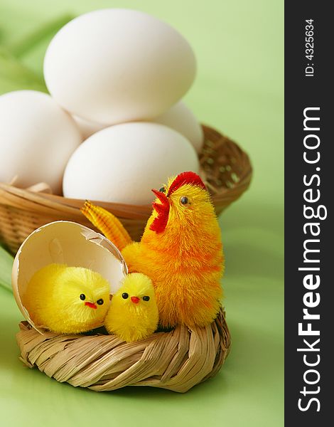 Easter motive.Hen and her chicks on easter background.