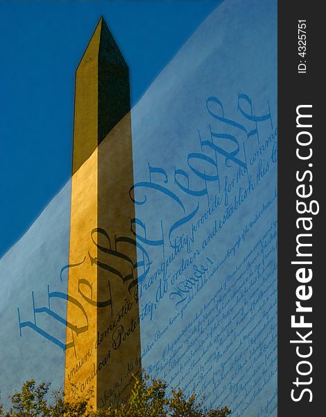 Washington Monument superimposed over United States Constitution. Washington Monument superimposed over United States Constitution