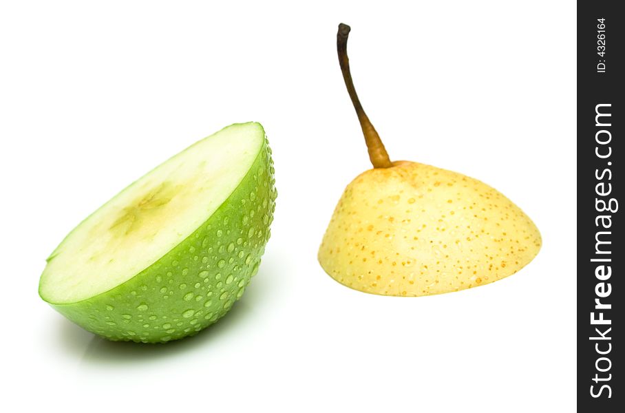Slices of fruit on white. A pear and an apple. Isolation on white.
