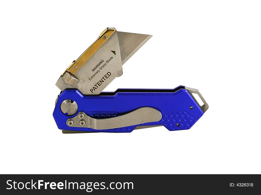 A Open Blue anodized contractors razor knife