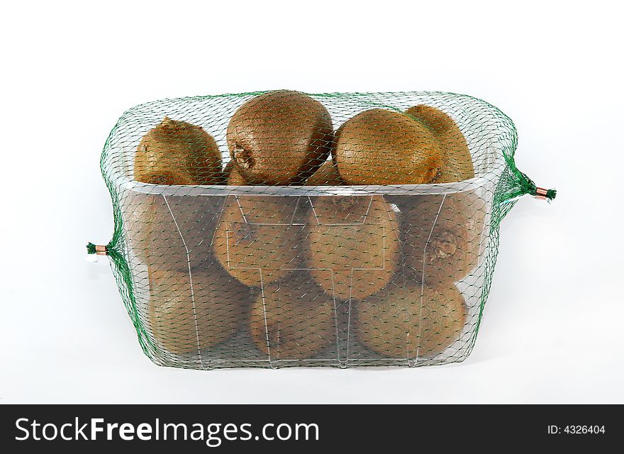 Brown kiwi in the box with a green net