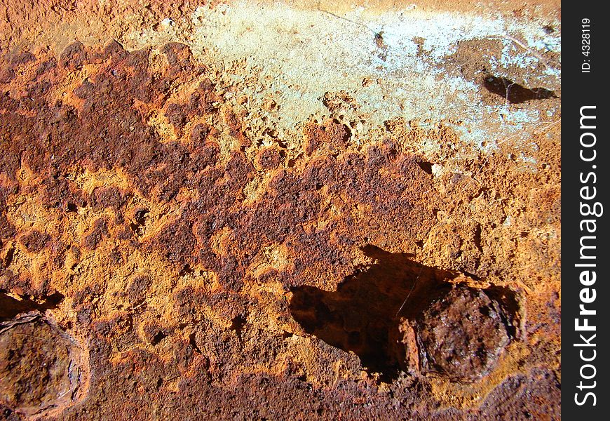 Old metal plate with some white paint badly rusted. Old metal plate with some white paint badly rusted