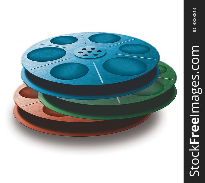 3 old spools with tape. Photo, video or audio tape. Different colors. 3 old spools with tape. Photo, video or audio tape. Different colors.