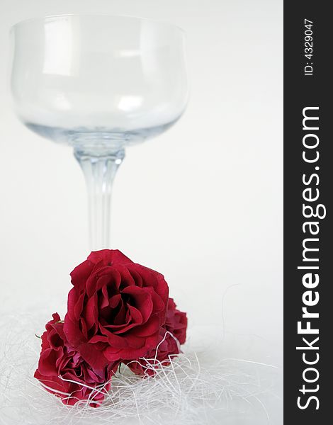 Vine glass and red roses, Wedding day. Vine glass and red roses, Wedding day