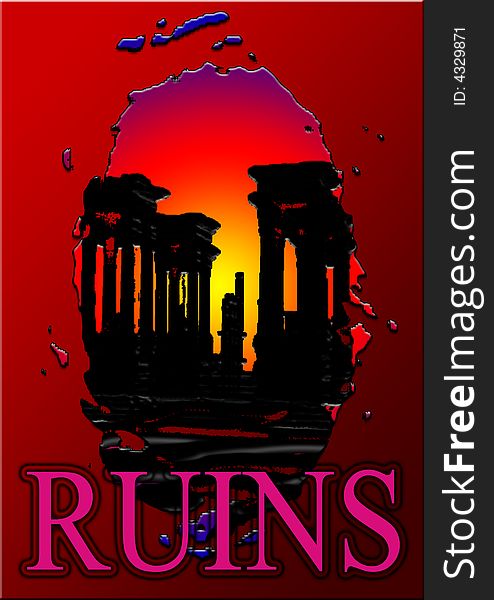 Great creative abstract colorful 2D portrayal of the ancient temple on the ruins of sunrise and RUINS pink graffiti on a red background. Great creative abstract colorful 2D portrayal of the ancient temple on the ruins of sunrise and RUINS pink graffiti on a red background.
