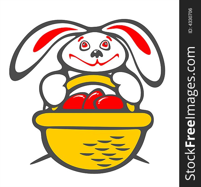 Happy  rabbit  with a basket of easter eggs on a white background. Easter illustration. Happy  rabbit  with a basket of easter eggs on a white background. Easter illustration.
