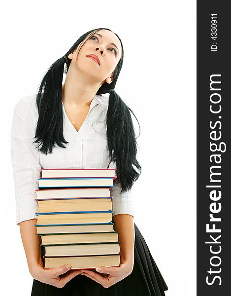 Woman with pile books on white background