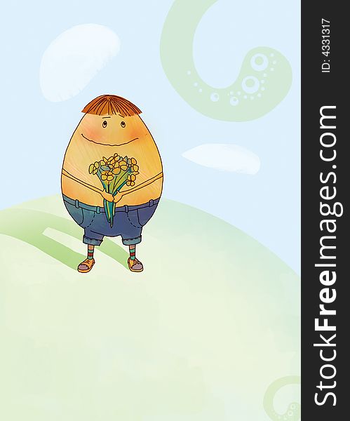 Easter illustration with character and flower in hands