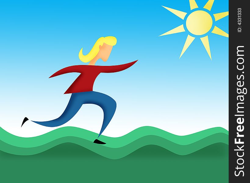 Concept illustration of active girl running at open field