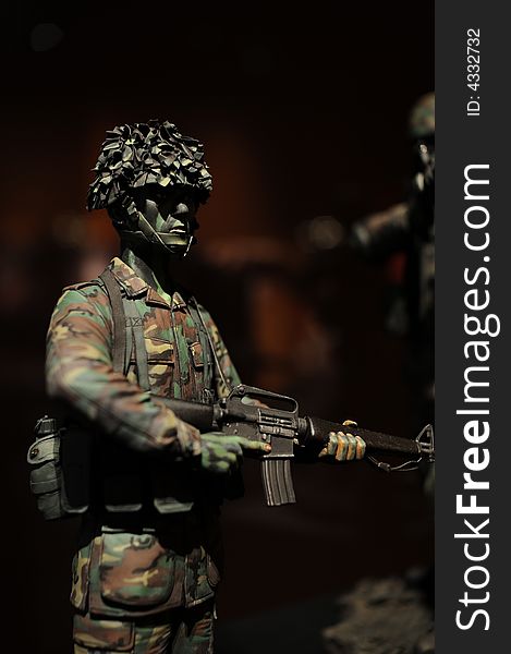 A display of a model soldier ready to fight. A display of a model soldier ready to fight