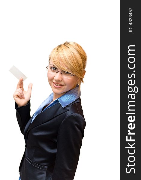 Businesswoman half turn and show business card. Businesswoman half turn and show business card