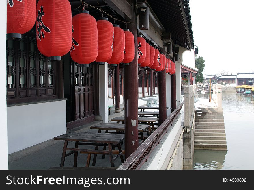 A simple  tea house of the southern part of China where you can enjoy the beautiful scenery of the south.This picture is taken in the place of interest“Mooring by the Feng Bridge at night” in Suzhou ,China.