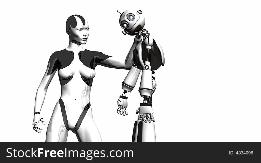 Advanced female droid wrings neck of drone