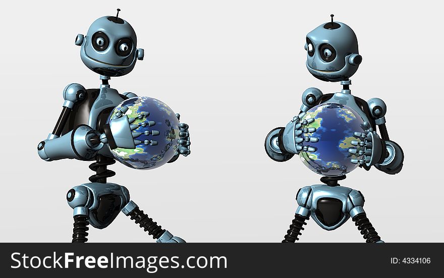 Robots holding earth like planets. Robots holding earth like planets