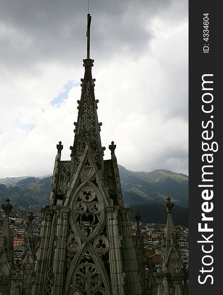 The towering spires of the Basilica del Vota National in Quito, Ecuador. The towering spires of the Basilica del Vota National in Quito, Ecuador