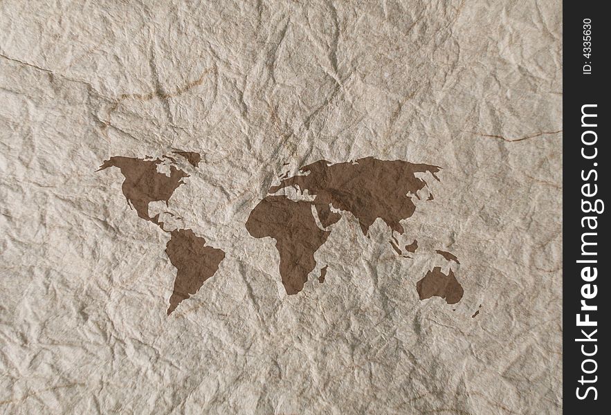 World outline map overlaid onto rumpled textured paper. World outline map overlaid onto rumpled textured paper