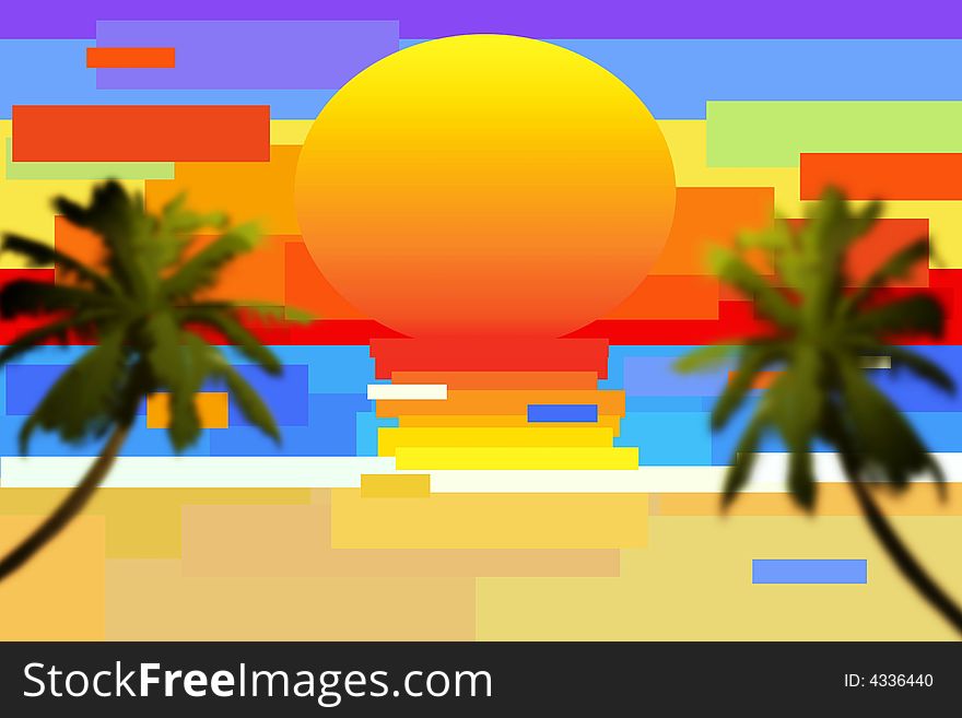 An abstract sunset scene with palm trees
