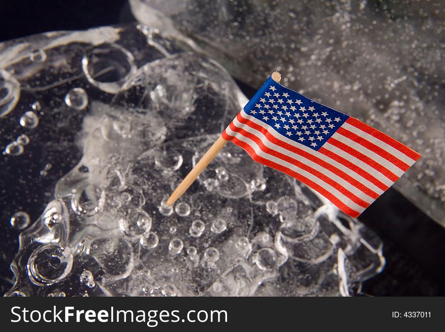American flag on the clear solid ice