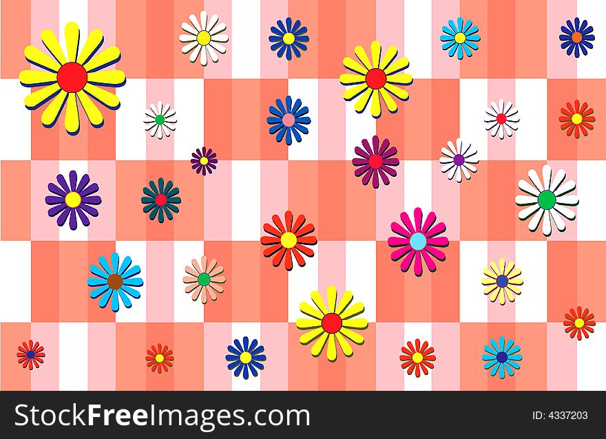 Flowers scattered on a plaid  back round. Flowers scattered on a plaid  back round