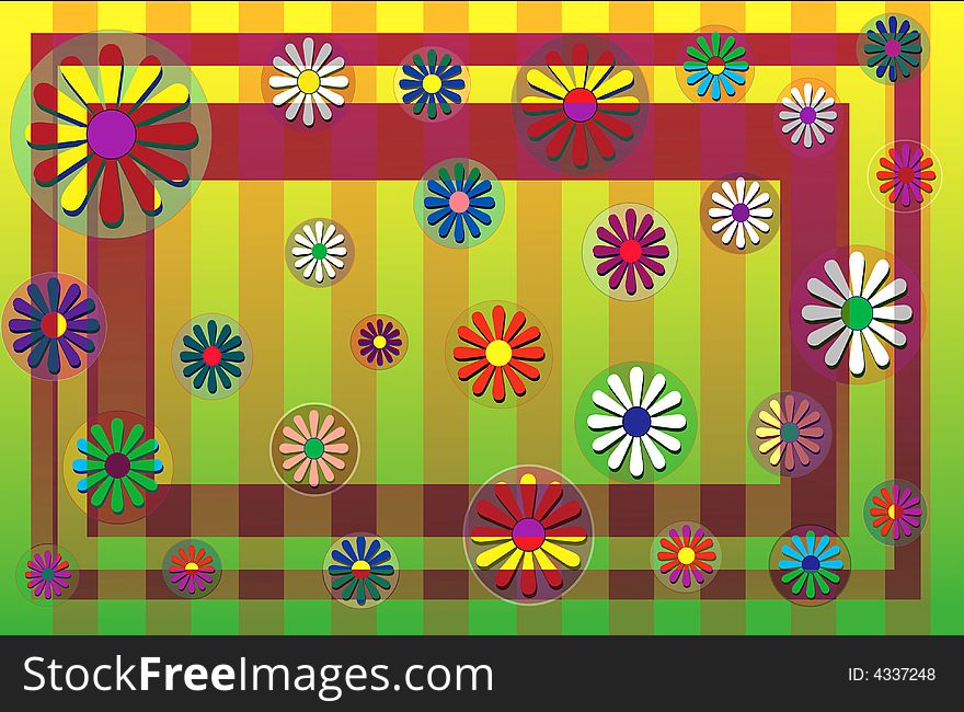 Flowers scattered on a striped backround with double border. Flowers scattered on a striped backround with double border.