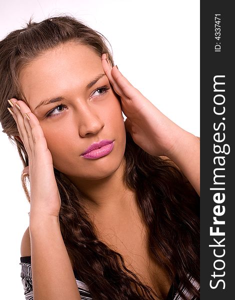 Beautiful Young Woman Thinking Over White