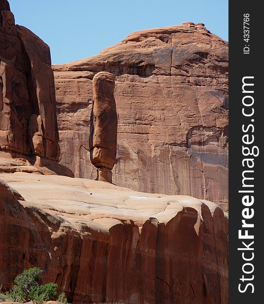 A balanced rock from the 3 gossips area of Arches Park, Utah.  This rock has balanced for centuries, but it looks like a good wind would knock it over. A balanced rock from the 3 gossips area of Arches Park, Utah.  This rock has balanced for centuries, but it looks like a good wind would knock it over.