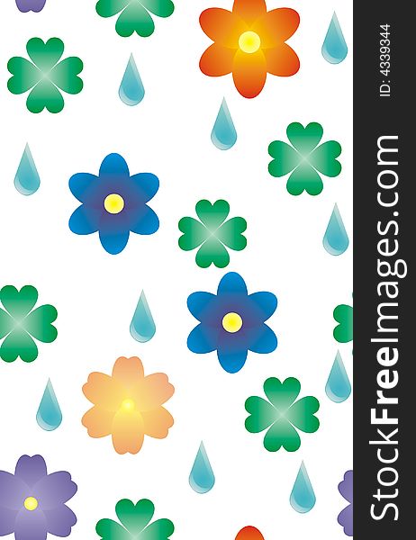 Flowers, drops and clover background. Flowers, drops and clover background