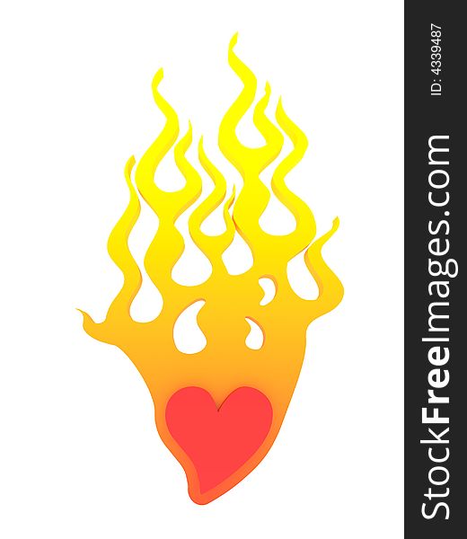 Burning heart in love on white background