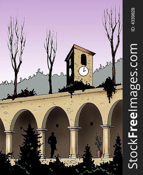 Fantasy illustration of a garden with a tower under a purple sky. Fantasy illustration of a garden with a tower under a purple sky