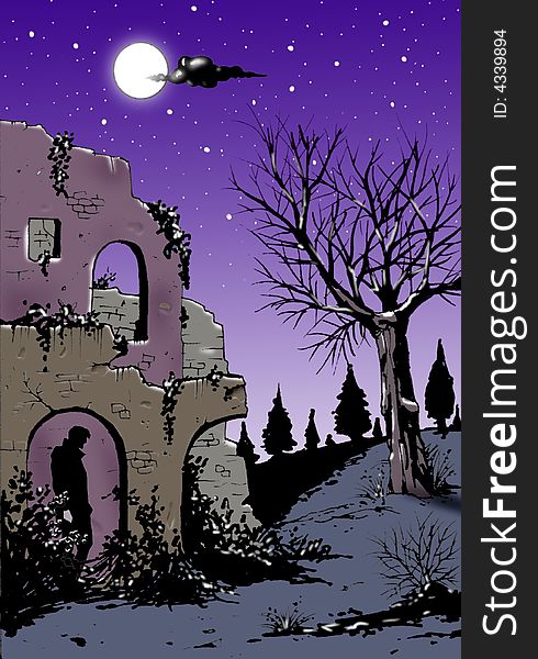 Fantasy illustration of a garden with ancient ruins in a starry night under the moon. Fantasy illustration of a garden with ancient ruins in a starry night under the moon