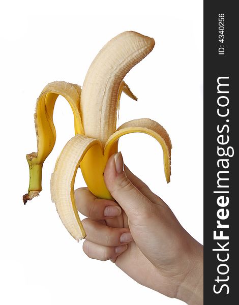 Hand holding banana, isolated on white background.