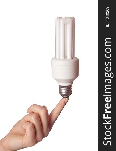 Fluorescent light bulb on female hand.Isolated on white.