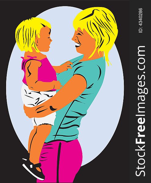 Illustration of a mother, smiling and holding her baby. Illustration of a mother, smiling and holding her baby