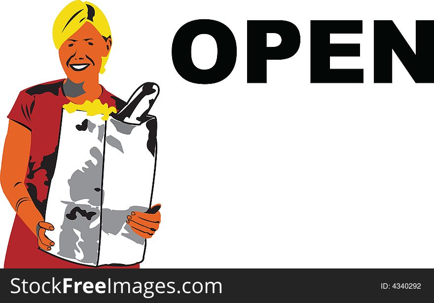 Illustration of a young women, holding a shoping bag beside Open sign.