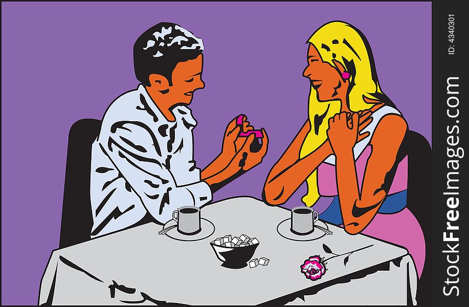 Illustration of a man proposing woman, both similing