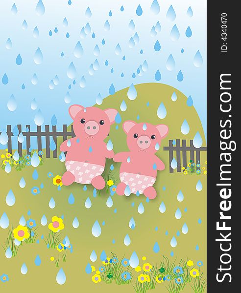 Pink pigs in springtime rain. Pink pigs in springtime rain
